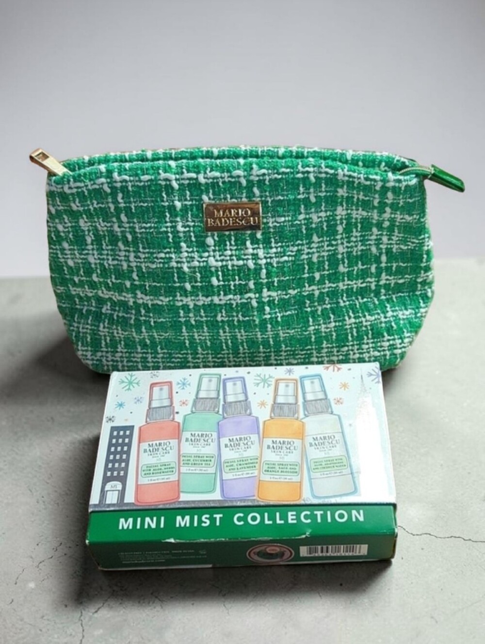 Mario Badescu Mini Mist Facial Spray Kit with Green White Woven Cosmetic Bag NEW